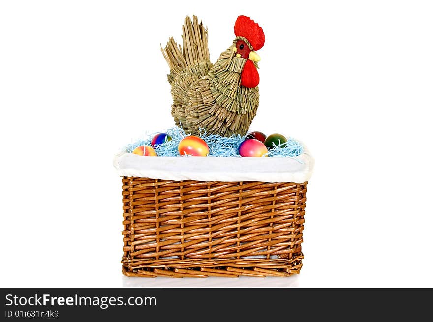 Chicken with boiled colorful painted Easter eggs on white background. Chicken with boiled colorful painted Easter eggs on white background