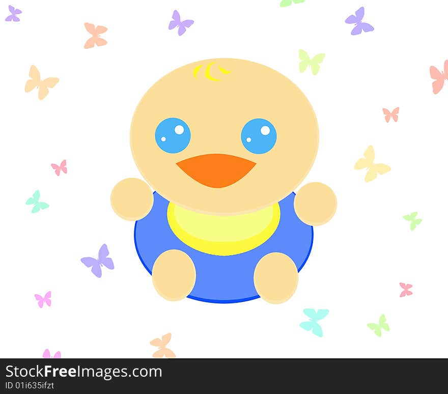 A little cute and round baby smiling happy on a white background with a lot of multicolor butterflies. Digital drawing. Coloured picture. A little cute and round baby smiling happy on a white background with a lot of multicolor butterflies. Digital drawing. Coloured picture.