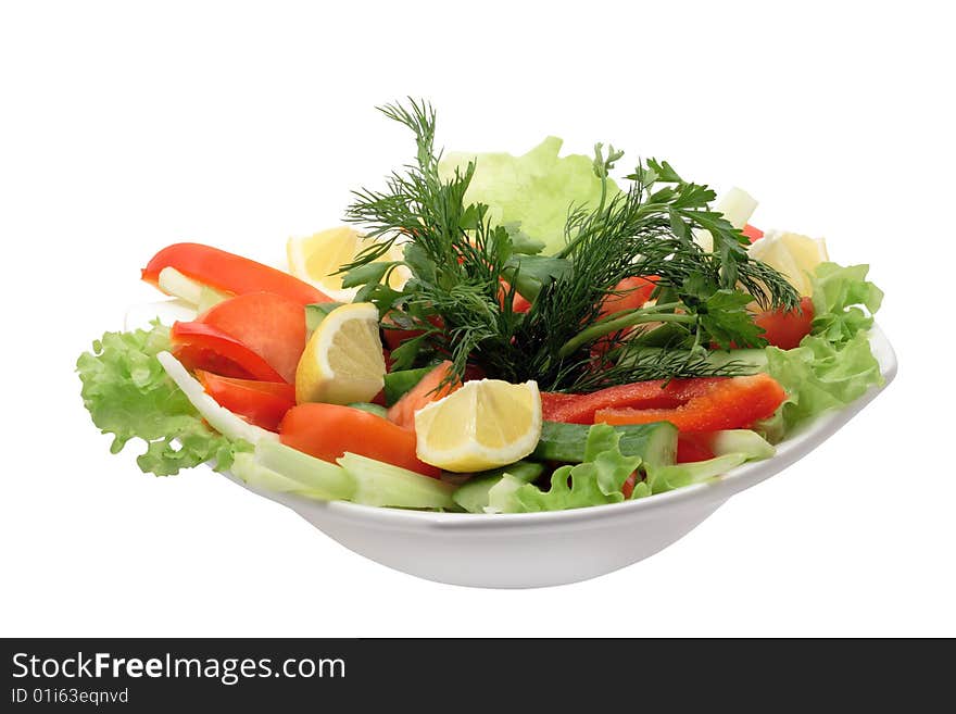 Plate with vegetable salad isolated on white background. Plate with vegetable salad isolated on white background