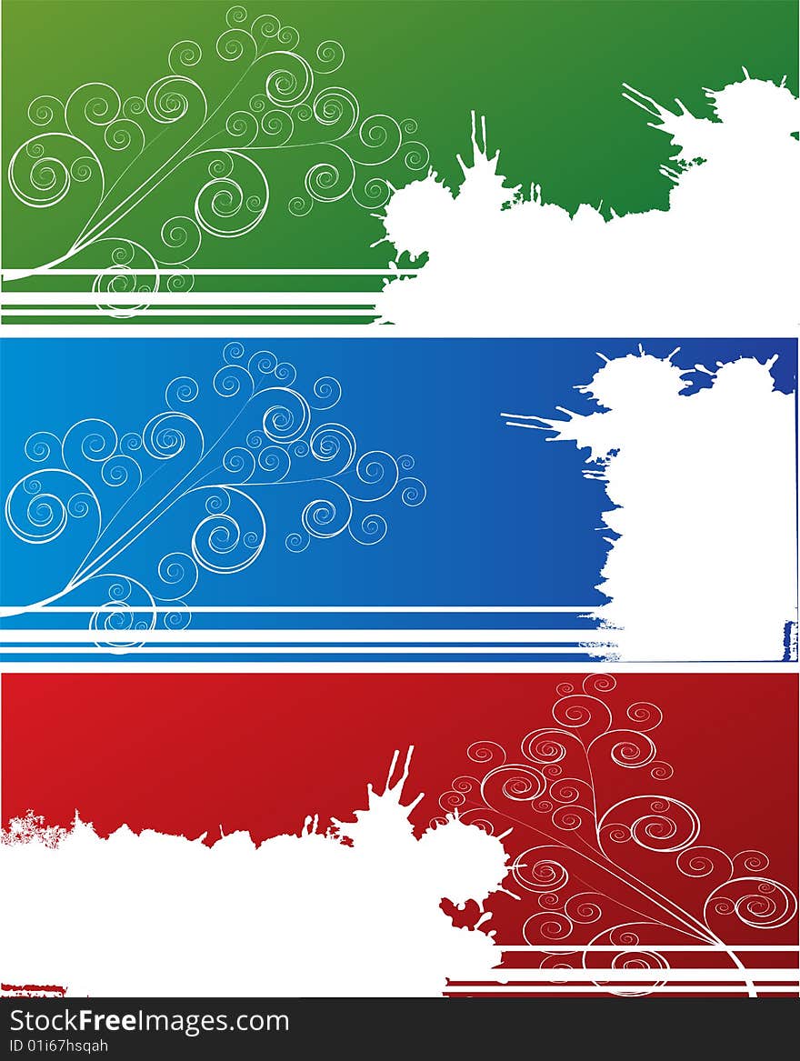 Three grunge banners with floral elements, illustration