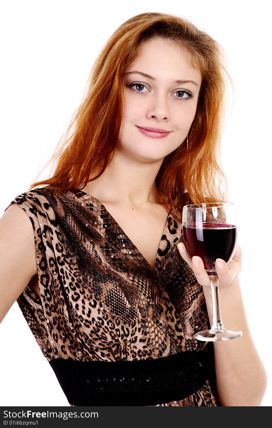 Young beautiful  girl with glass of red wine on white background.