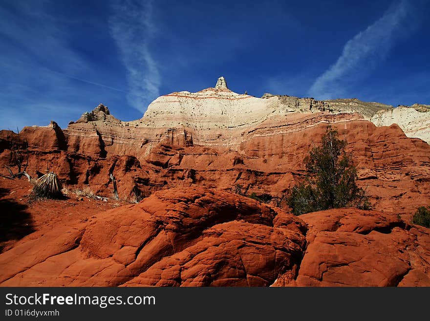 View of the red rock formations in Kodachrome Basin with blue skys and clouds