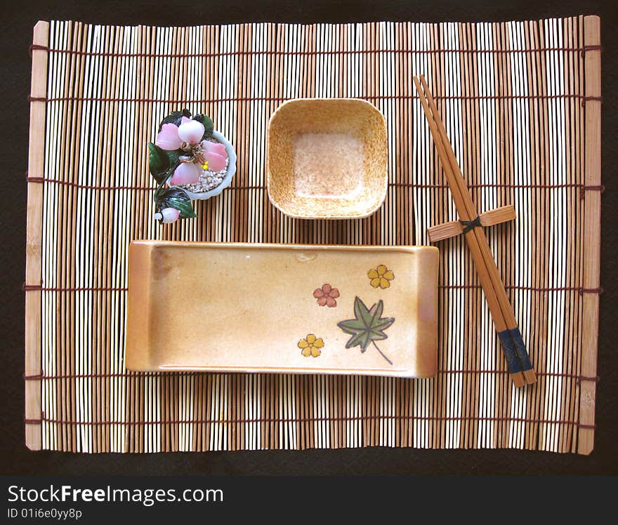 Sushi set on bamboo mat