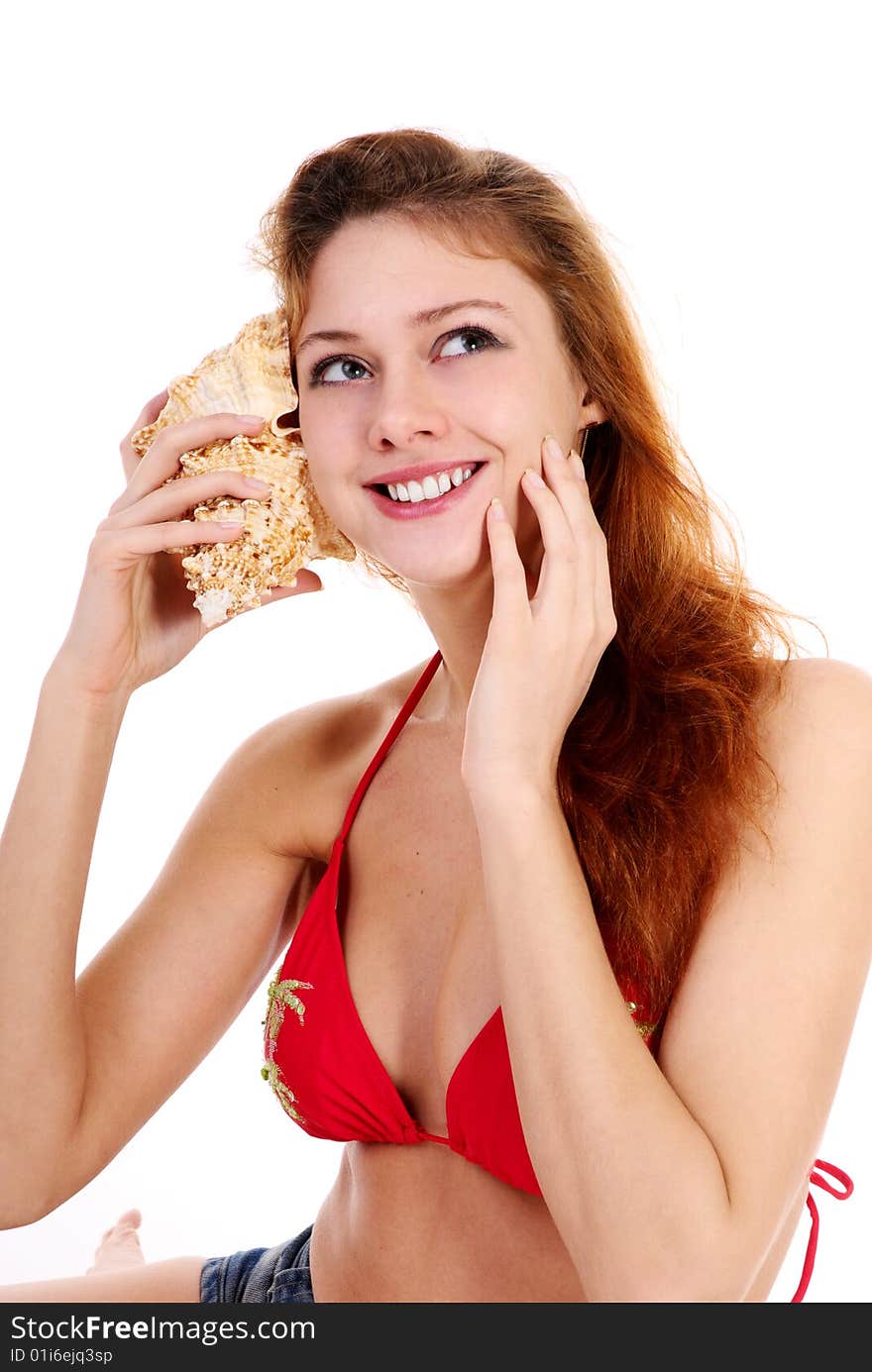 Young beautiful girl in swimsuit on white background. Young beautiful girl in swimsuit on white background.