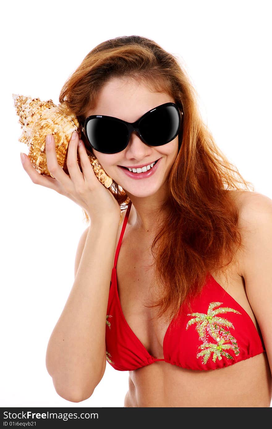 Young beautiful girl in swimsuit on white background. Young beautiful girl in swimsuit on white background.