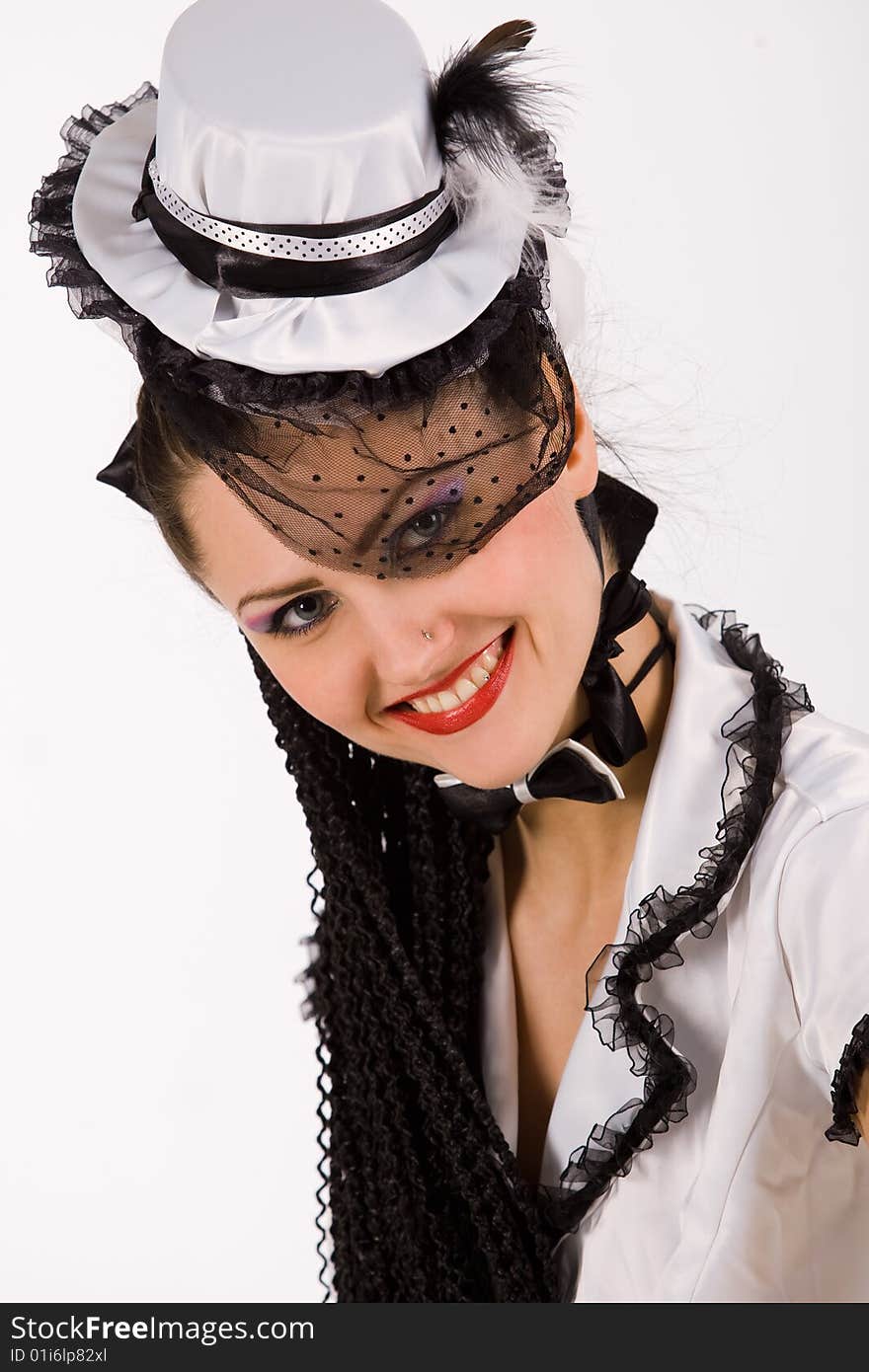 Sexy smiling woman with small top hat, isolated. Sexy smiling woman with small top hat, isolated