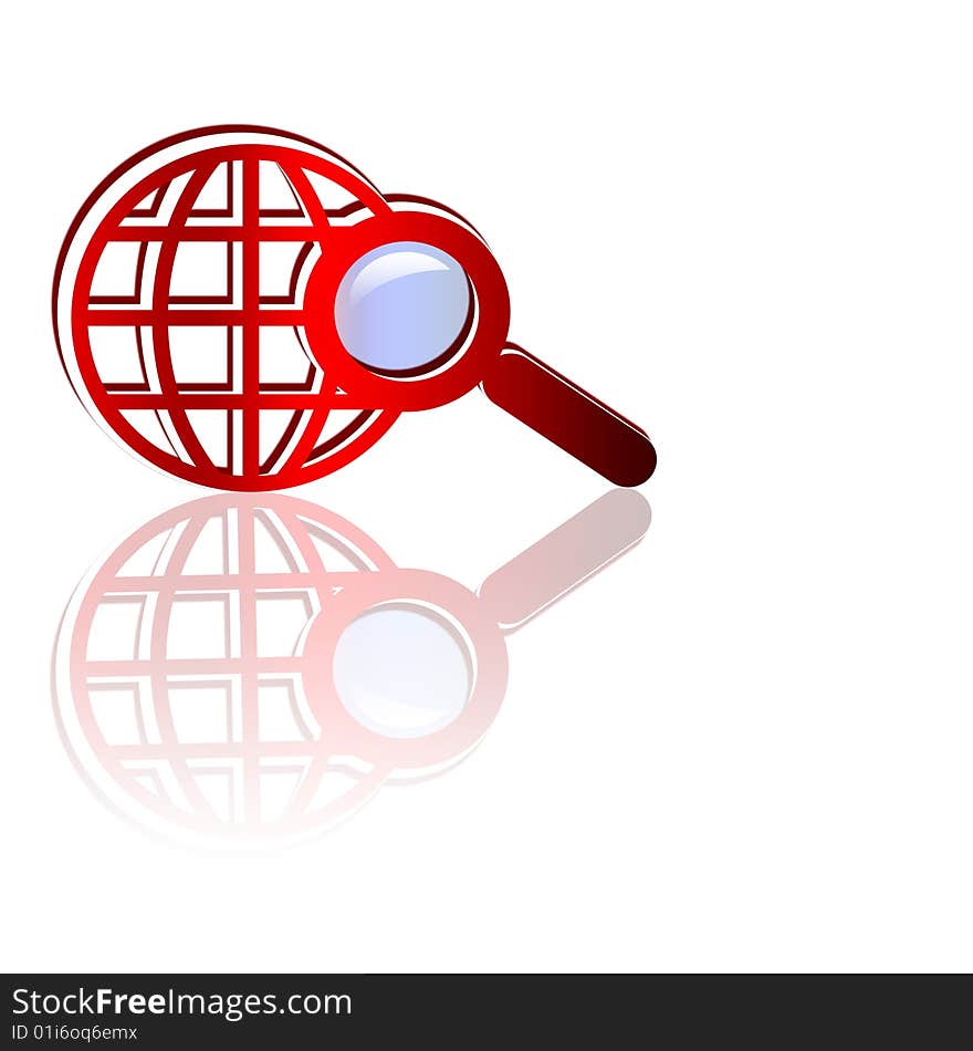 Three-dimensional search icon with reflection isolated over white.