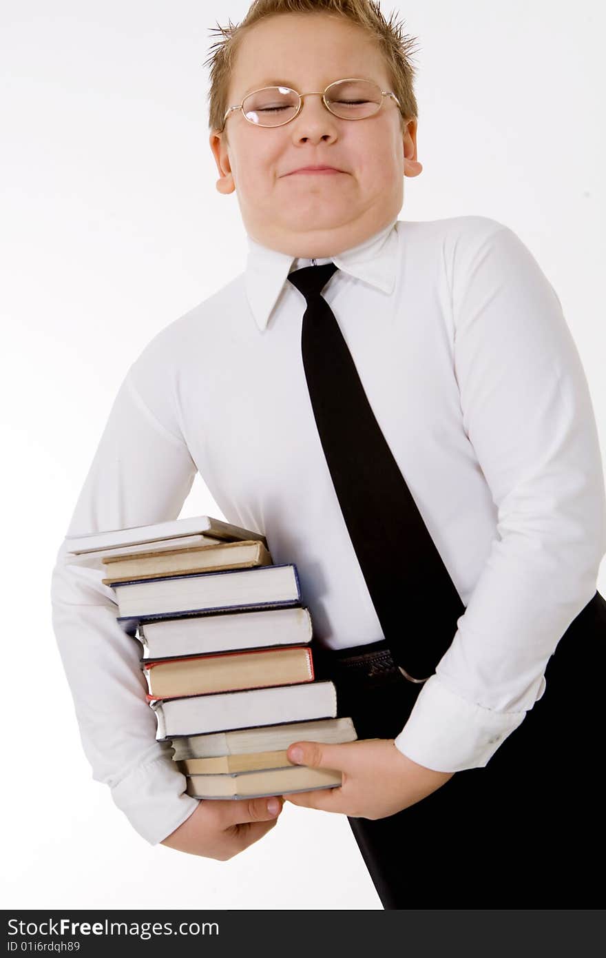 Funny boy with books isolated on white. Funny boy with books isolated on white