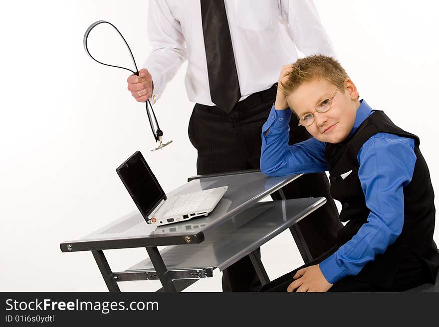 Father threatening son with a belt. Father threatening son with a belt