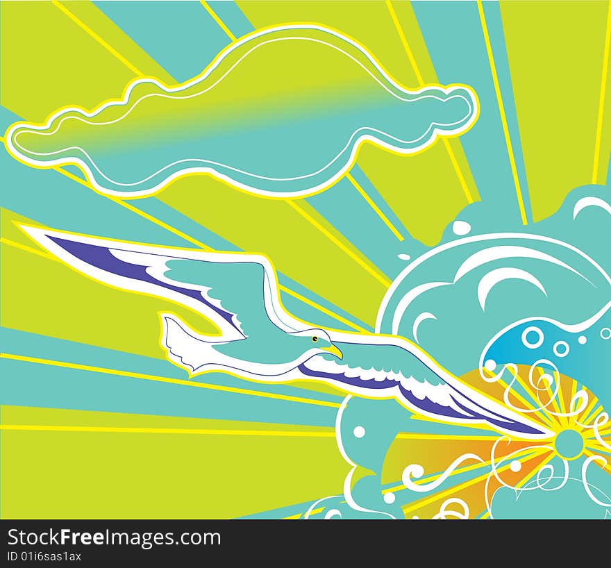 Vector Stylized Illuctration of an idyllic summer scene with waves, sun and seagull
