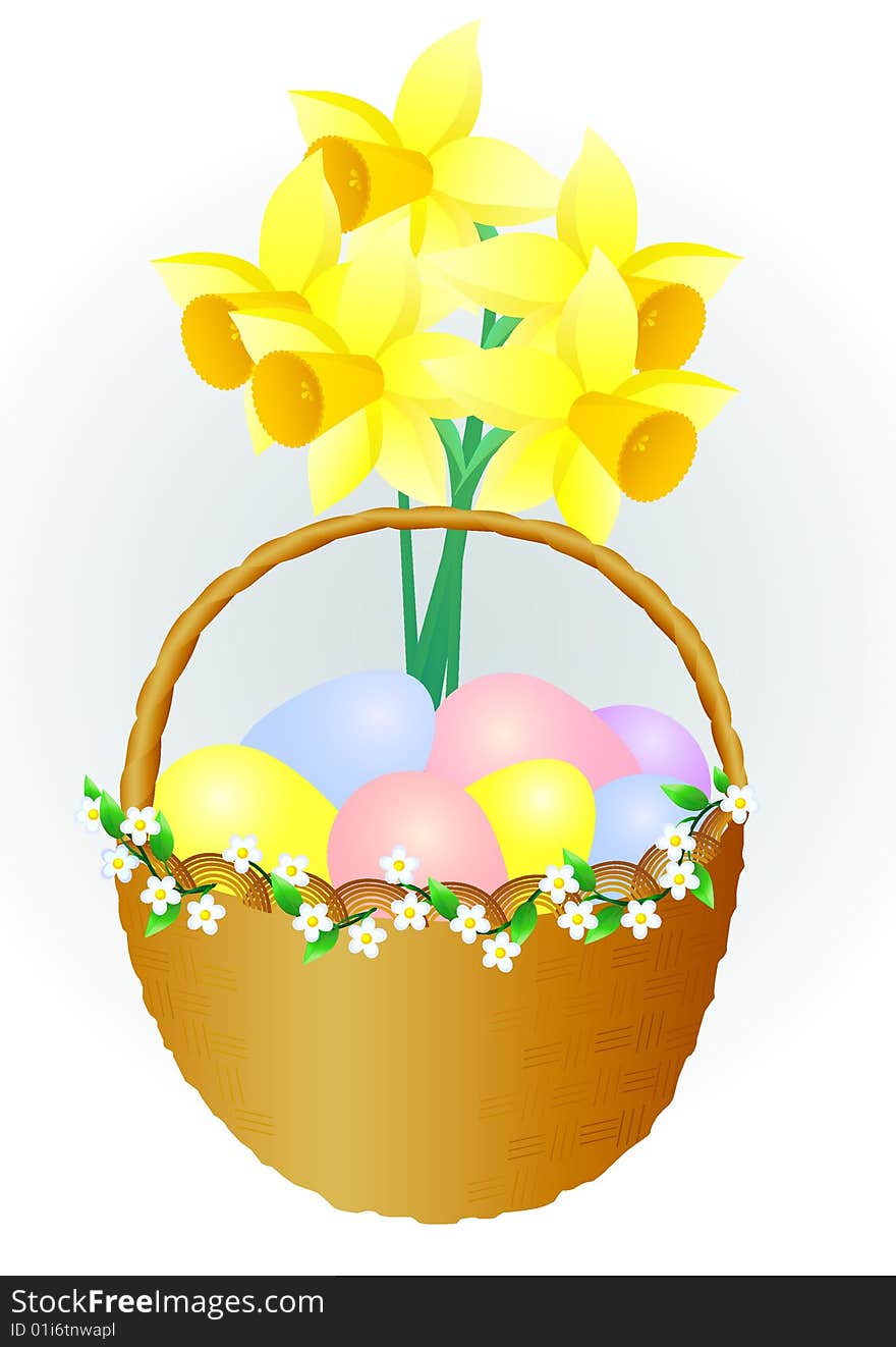 Basket with easter eggs and narcissus