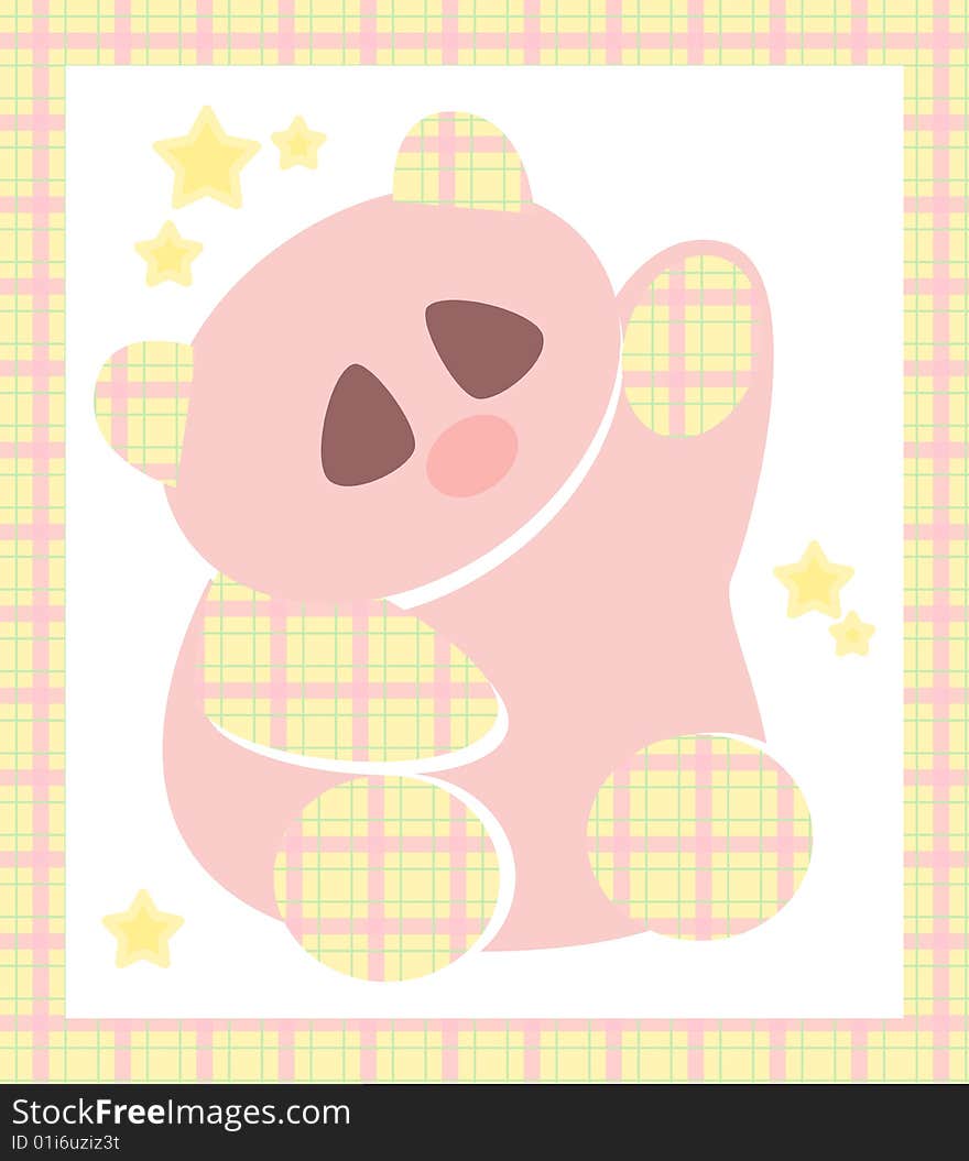 A pink teddy bear decorated with a chequered pattern