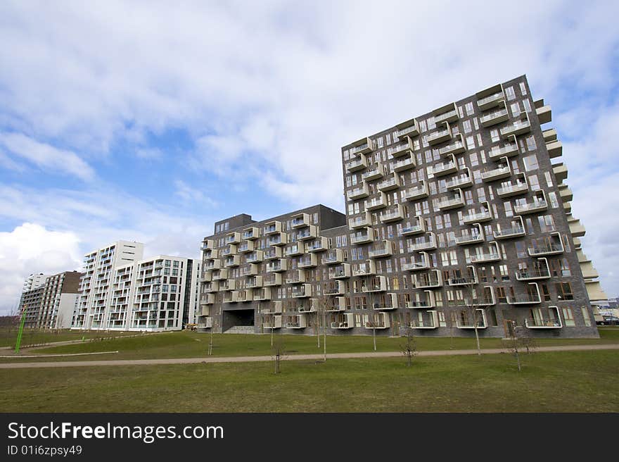 Photo of new apartment buildings in Ørestaden, Denmark. Wide perspective.