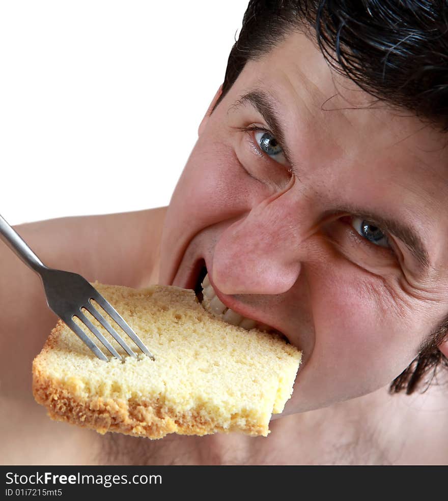 Portrait  one man with fork and bread