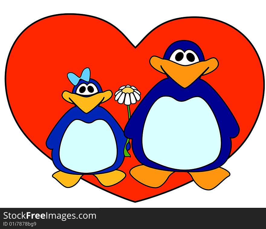 Enamoured penguins against red heart