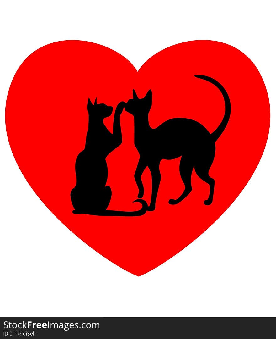 Two enamoured cats against red heart