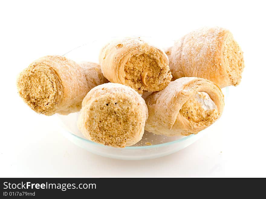 Five cream cones in a glass plate isolated on white background. Five cream cones in a glass plate isolated on white background