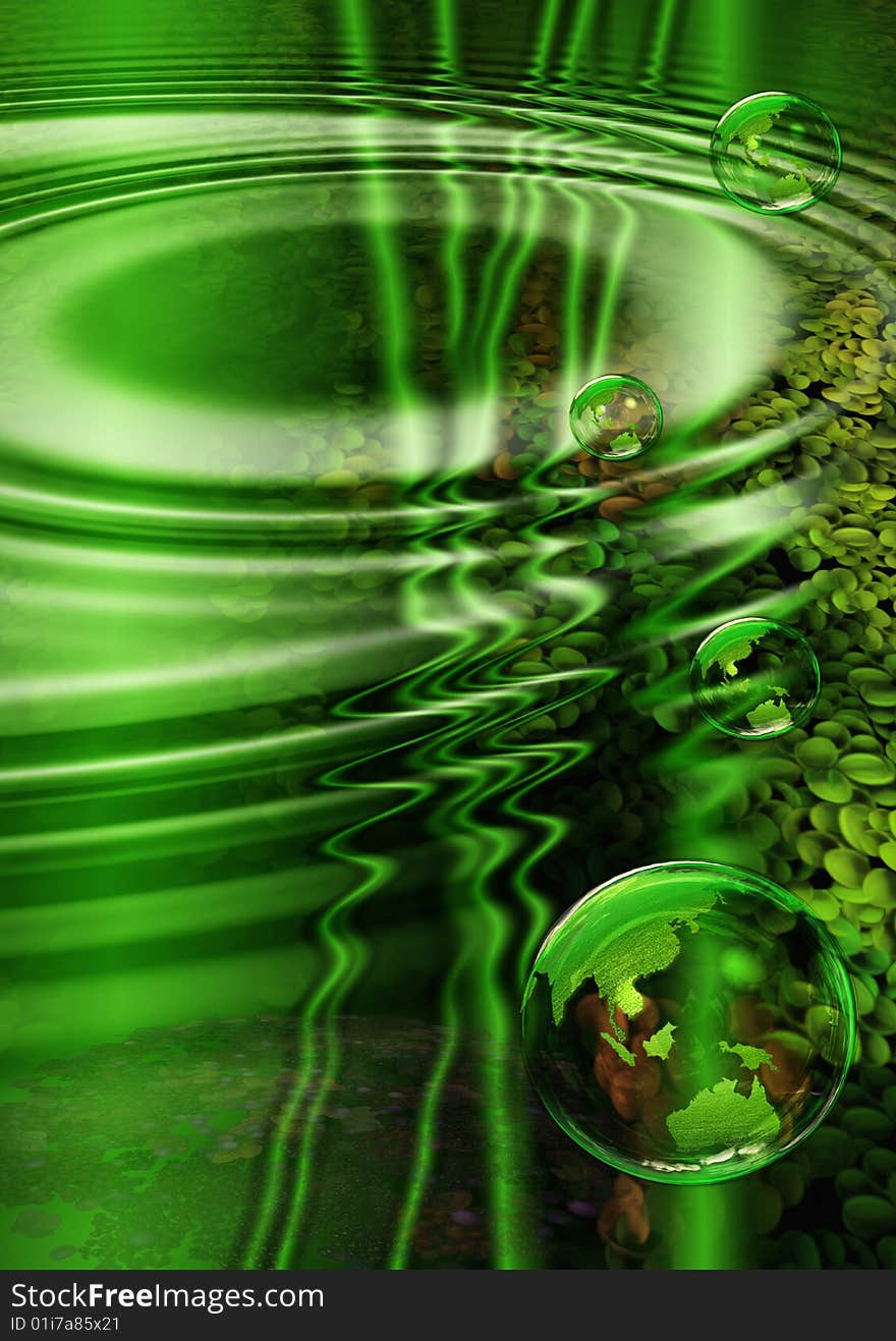 Ripples on green water and bubbles