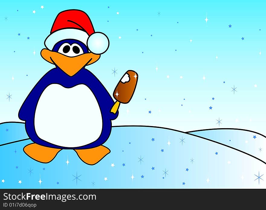 Christmas penguin with ice-cream on a blue background