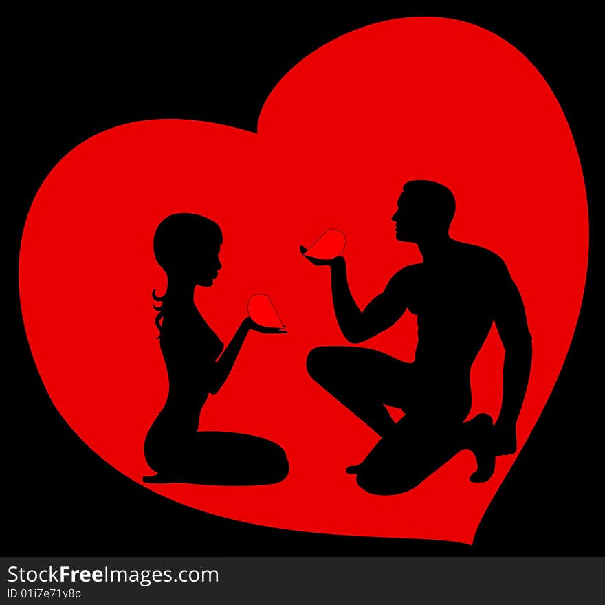 Silhouettes of lovers which give the hearts each other