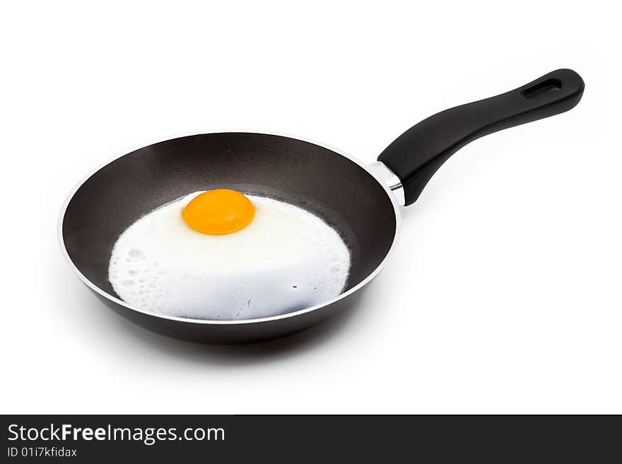 A baked egg in a pan isolated on white