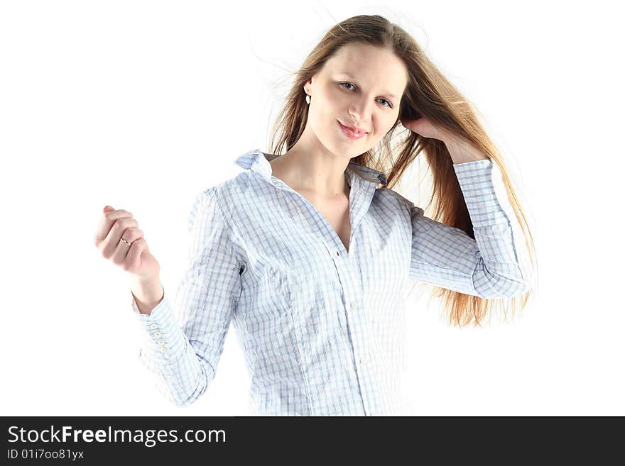 Portrait of young woman with long hair isolated on white backgrownd