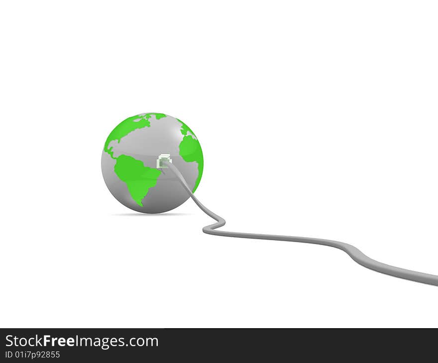 Green globe with internet cable on white background. Green globe with internet cable on white background