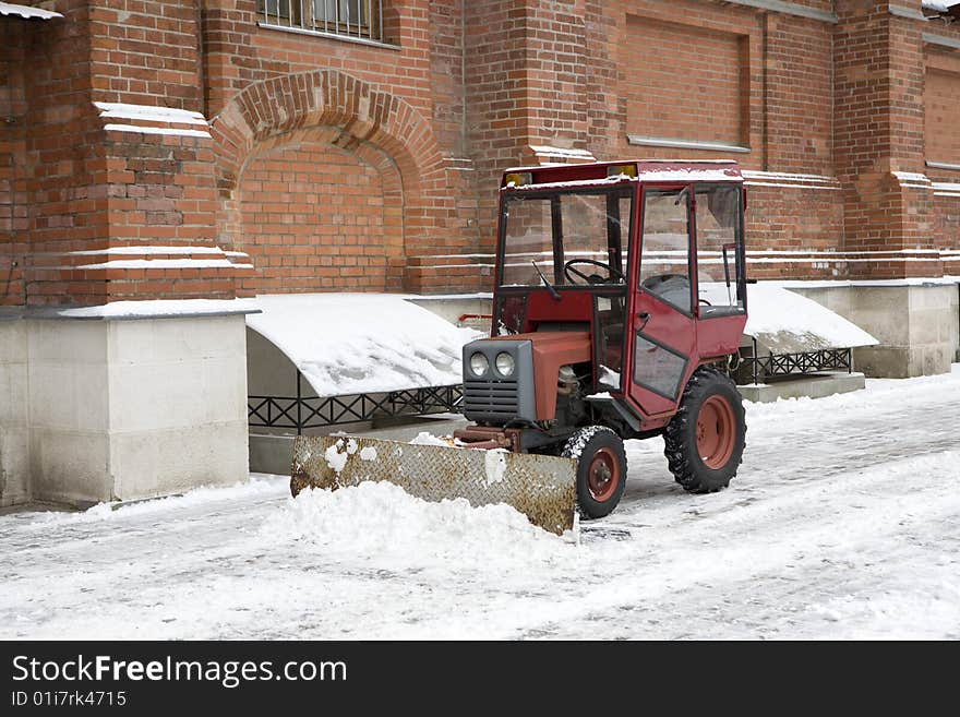 Snowplow is ready to prepare to clean the road. Moscow. Russia. Winter time