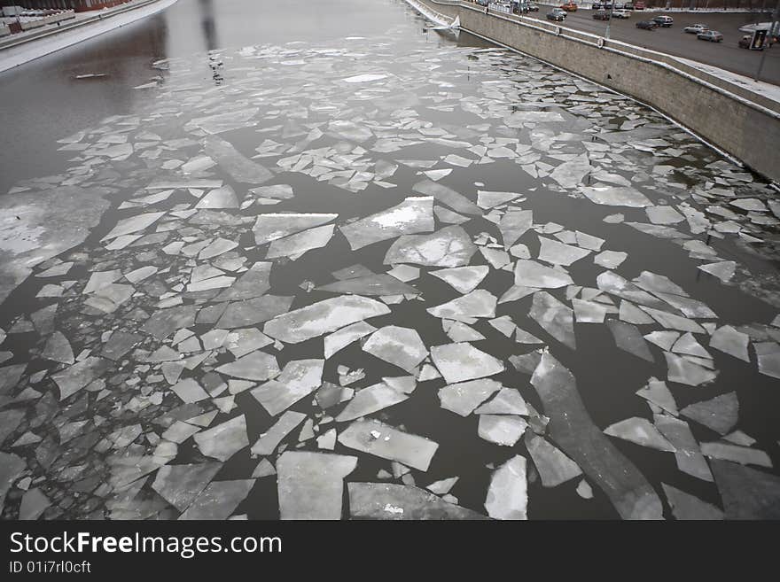 Spring. Drifting Ice on river Moscow. Moscow. Russia