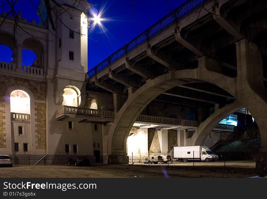 Illuminated bridge arches (Poniatowski Bridge in Warsaw) by night. Illuminated bridge arches (Poniatowski Bridge in Warsaw) by night