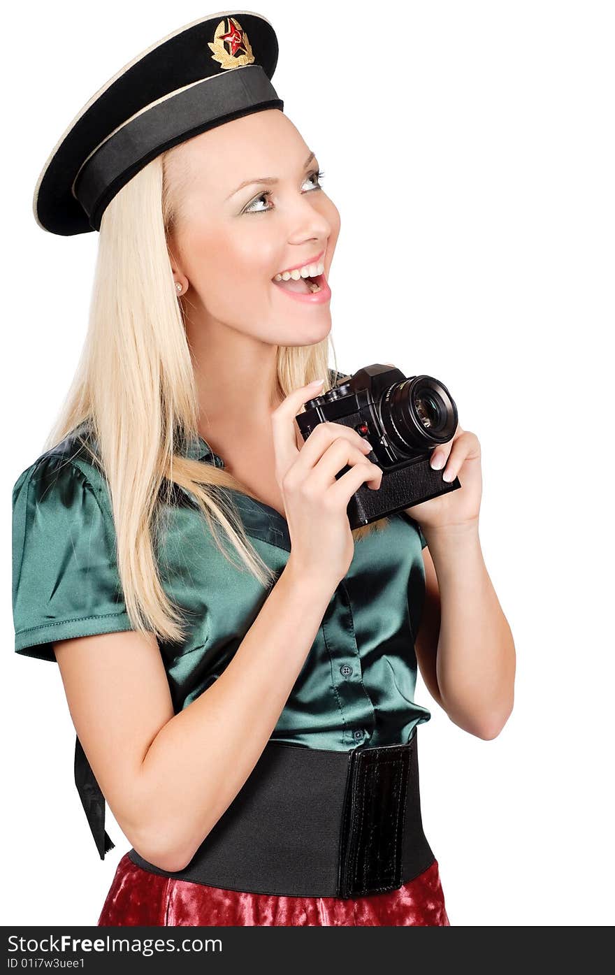 Cute blond wearing black soviet sailor cap and holding SLR camera. Cute blond wearing black soviet sailor cap and holding SLR camera