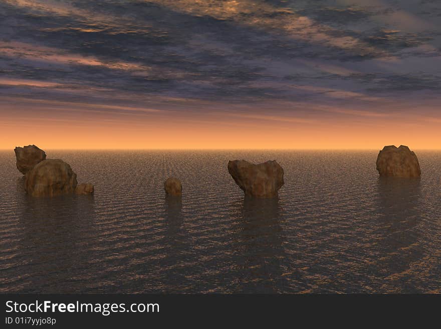 Illustration of a rocky area and sunset at sea. Illustration of a rocky area and sunset at sea.