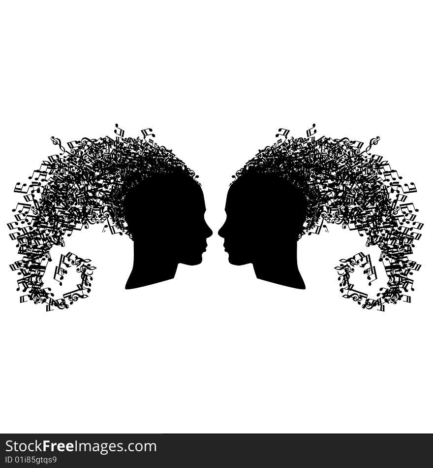 Set of two musical heads looking at each other isolated on white