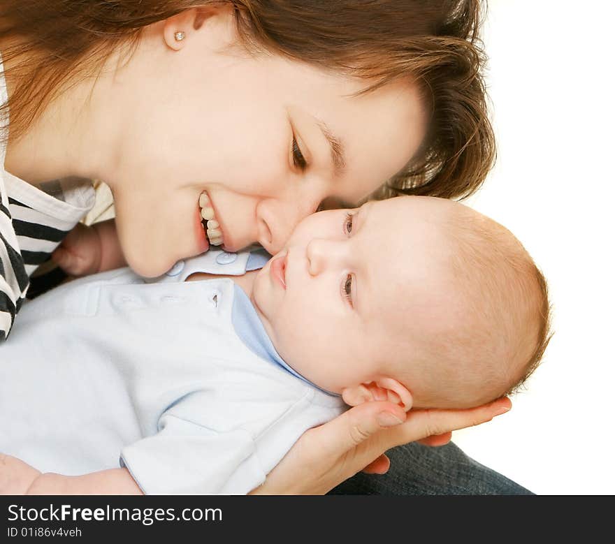 Mother and baby over white