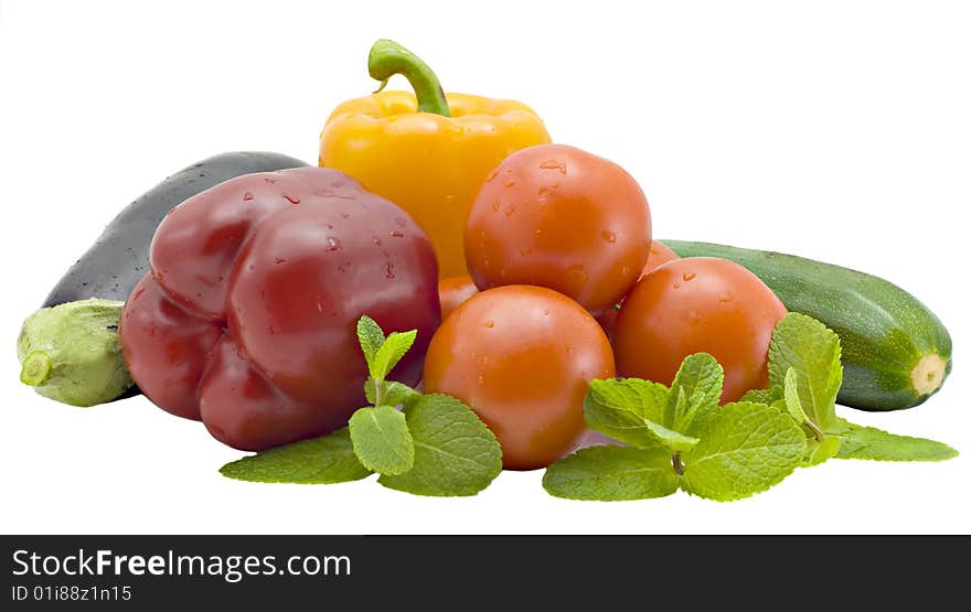 Isolated on a white background branch of Mint, Pepper and Tomatoes. Isolated on a white background branch of Mint, Pepper and Tomatoes