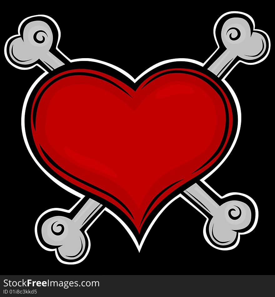 A sketchy red cartoon heart with crossbones, isolated on a black background. A sketchy red cartoon heart with crossbones, isolated on a black background.