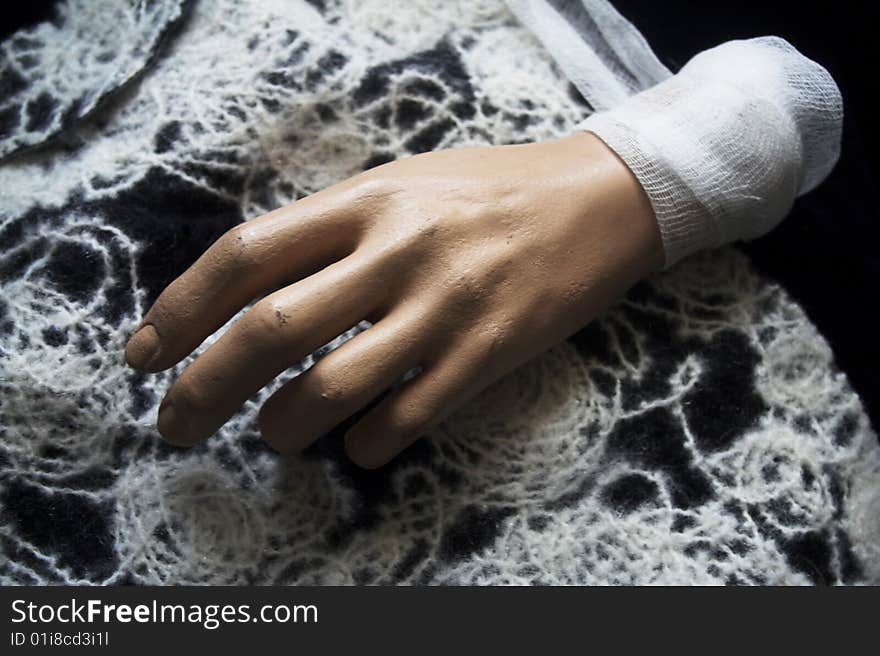 Black and white fabric with human hand. Black and white fabric with human hand