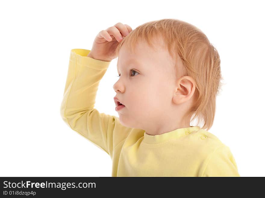 Little boy scratches his head in puzzlement or confusion, as if pondering a deep question. Isolated on white. Little boy scratches his head in puzzlement or confusion, as if pondering a deep question. Isolated on white