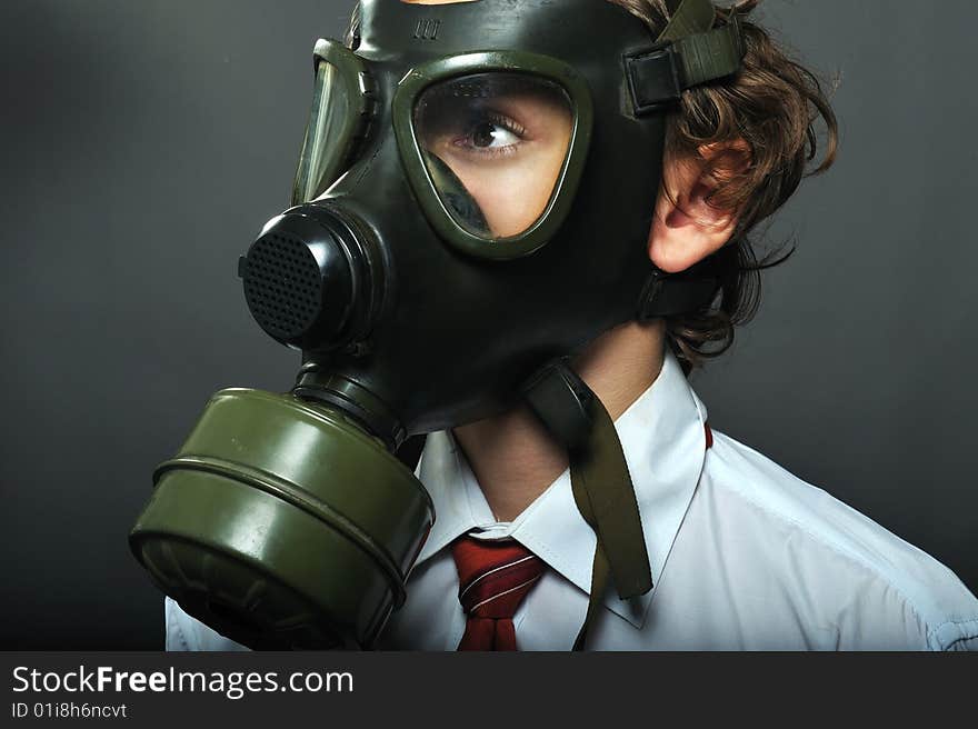 Businessman with gas mask on face