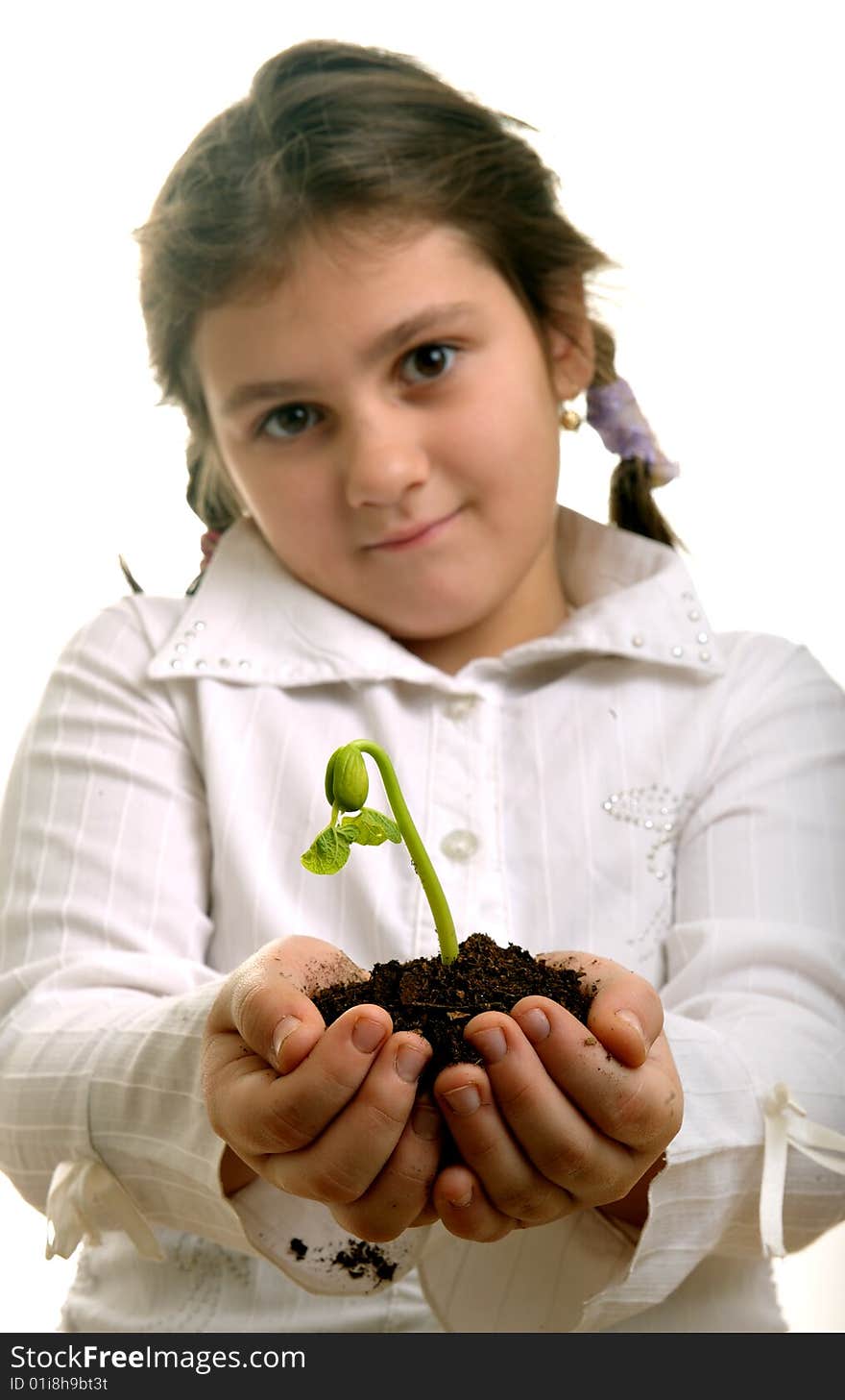 Girl holding a bud and earth in hands. Girl holding a bud and earth in hands