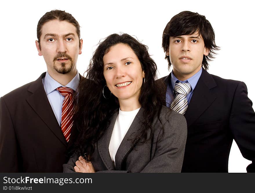 Two men and as woman business team white isolate portrait