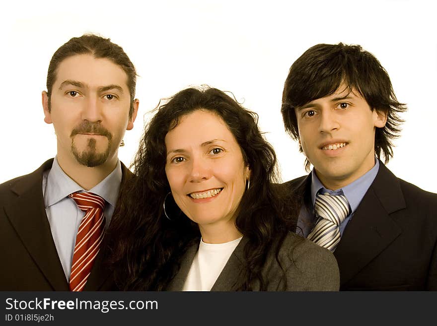 Two men and a  woman business team white isolate portrait