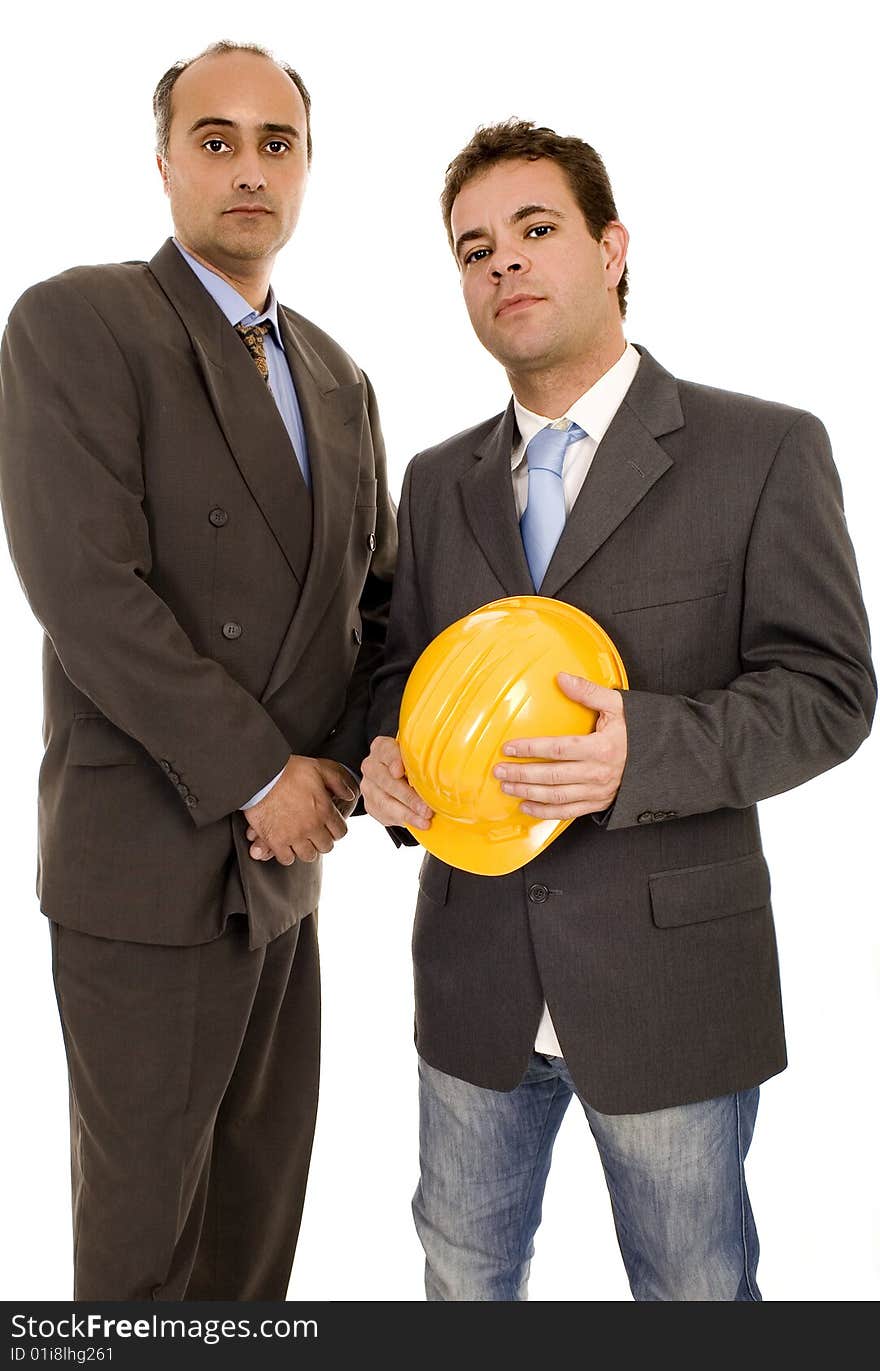 Two men with a yellow helmet white isolate. Two men with a yellow helmet white isolate