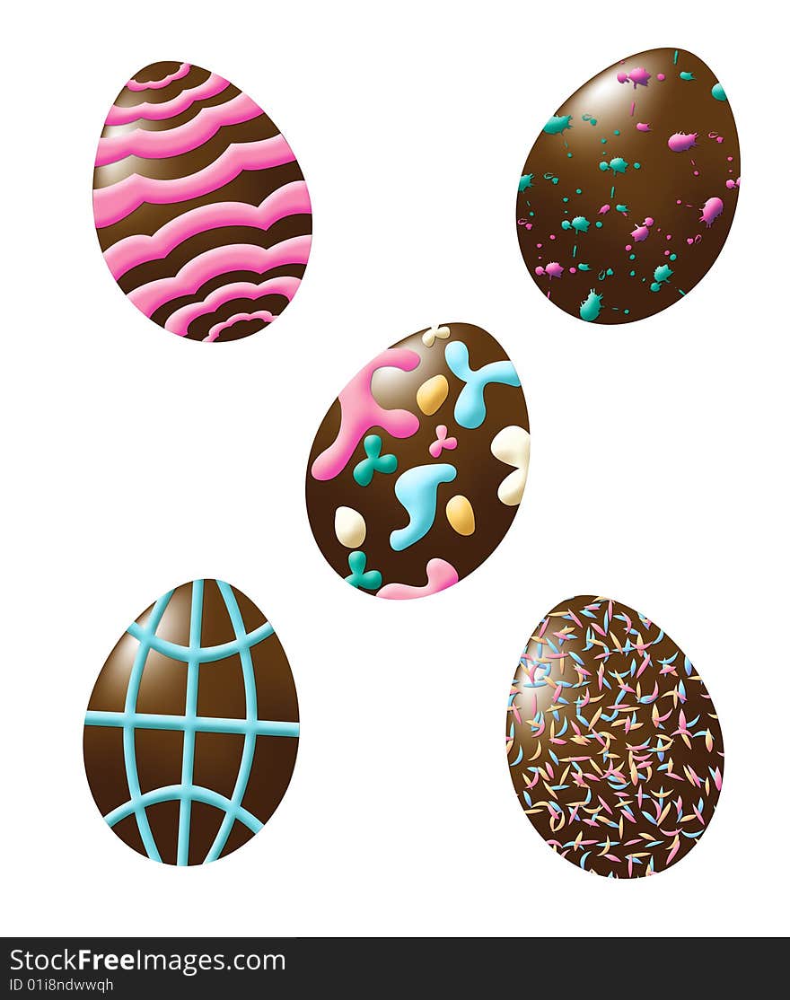 Four different Chocolate Easter eggs decorated with sugar, isolated