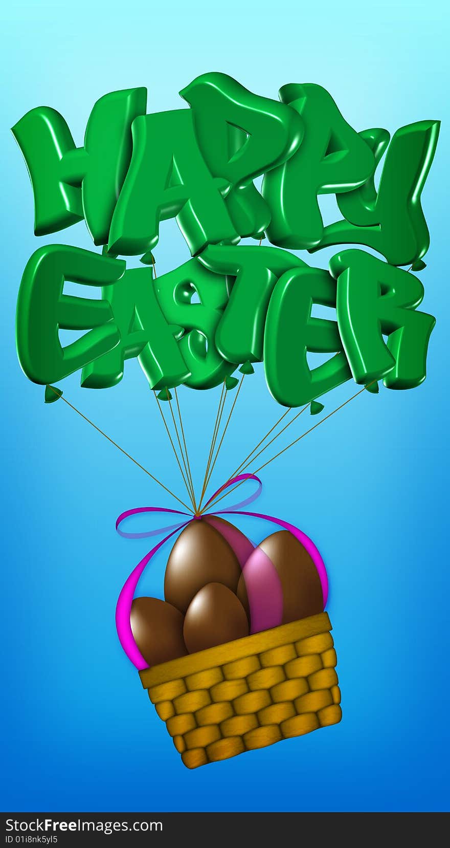 Basket of easter chocolate eggs flying with 3D text balloons, on the  sky