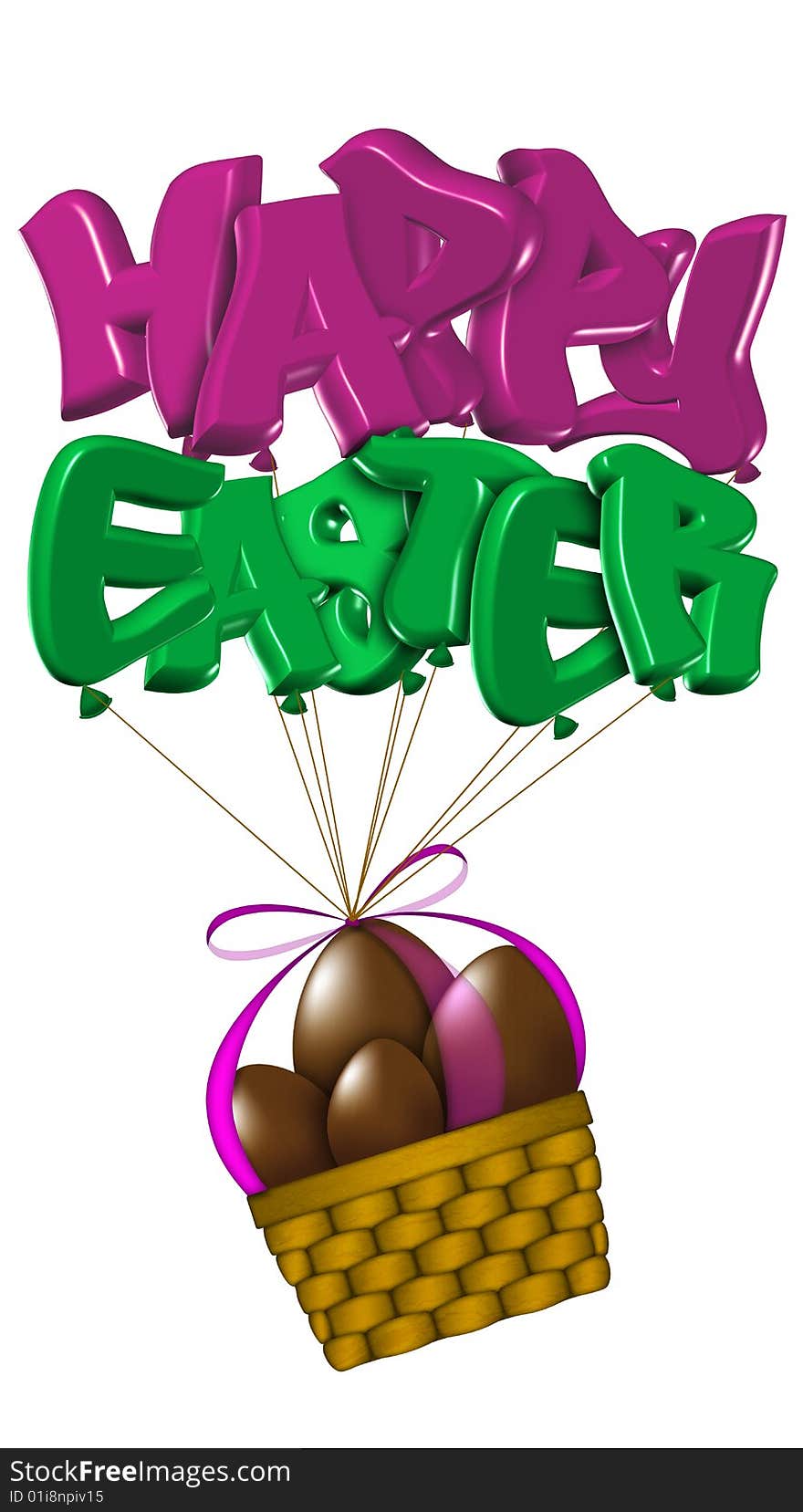 Basket of easter chocolate eggs flying with 3D text balloons, on a white background