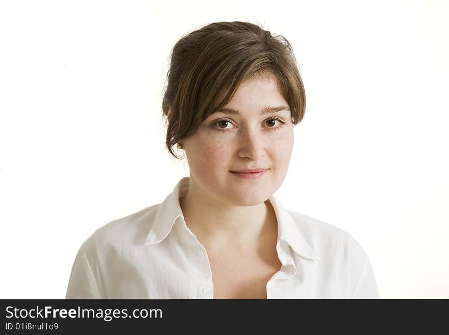 Woman with freckles isolated on white background. Woman with freckles isolated on white background