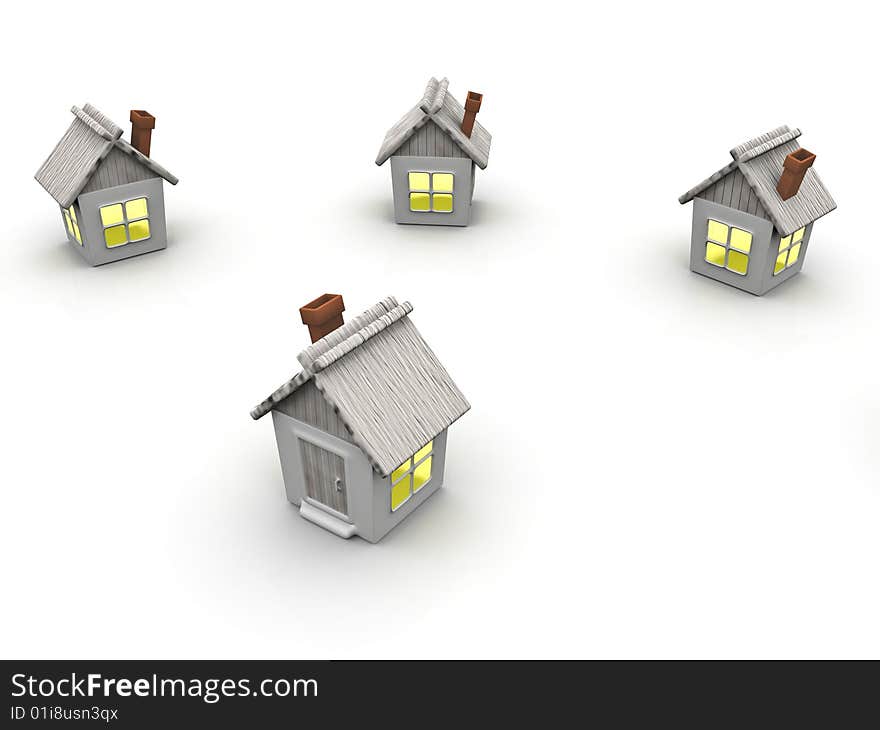 Small country house with shone windows on a white background. Small country house with shone windows on a white background