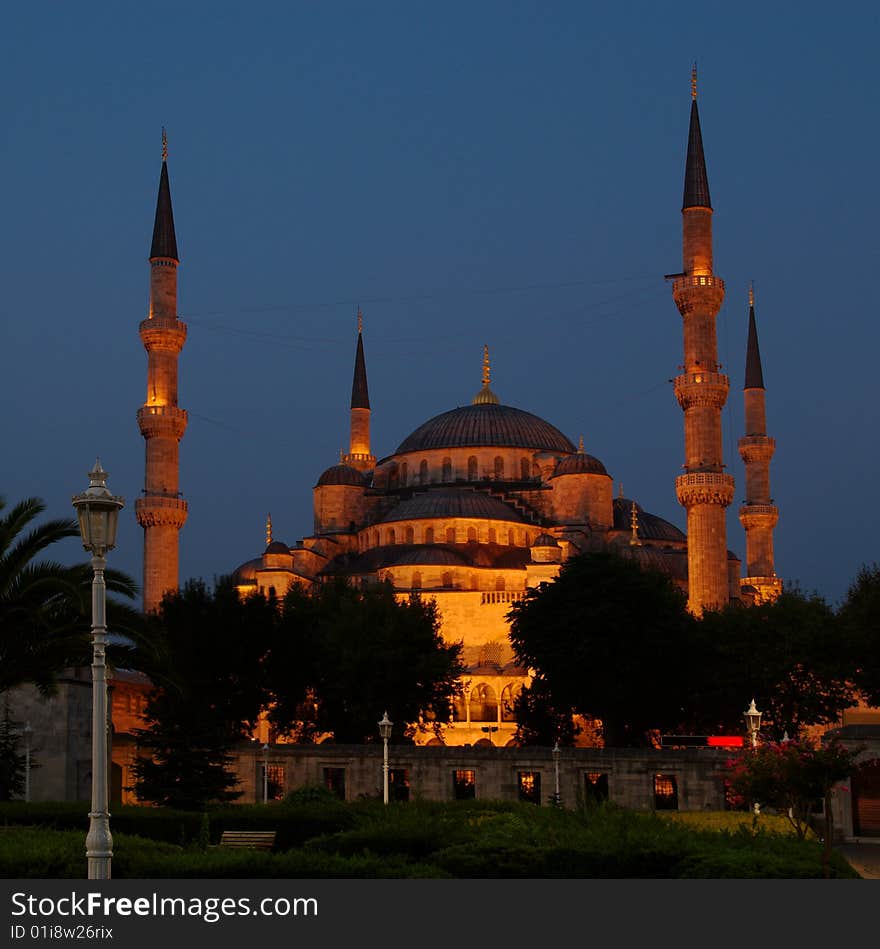 The Blue Mosque, Istanbul, Turkey, lit up just before dawn