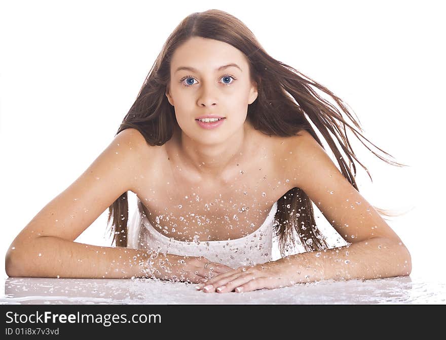 High key portrait of young woman on white back. High key portrait of young woman on white back